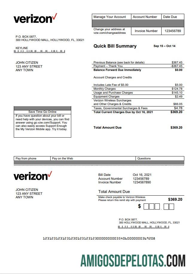 em branco Modelo de fatura de serviços públicos da Verizon dos EUA em formato Word, totalmente editável, versão 2